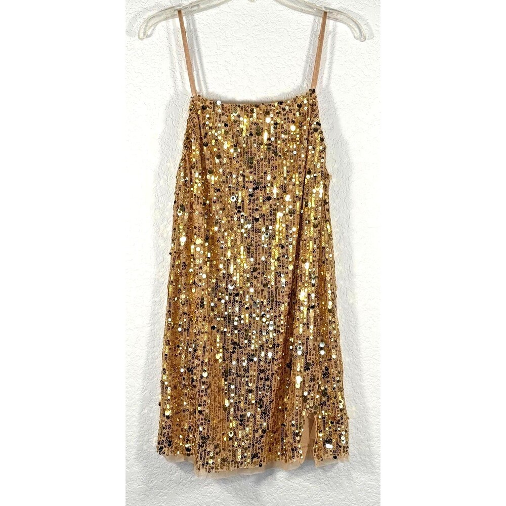Free People Intimately Midnight Kiss Mini Slip Dress in Gold Sequin Small New